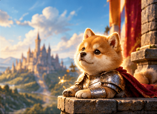 Sword Inu rests on a stone balcony, cape over the parapet, castle in the valley beyond