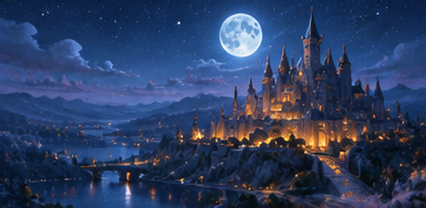 The castle at night under a full moon, windows lit gold