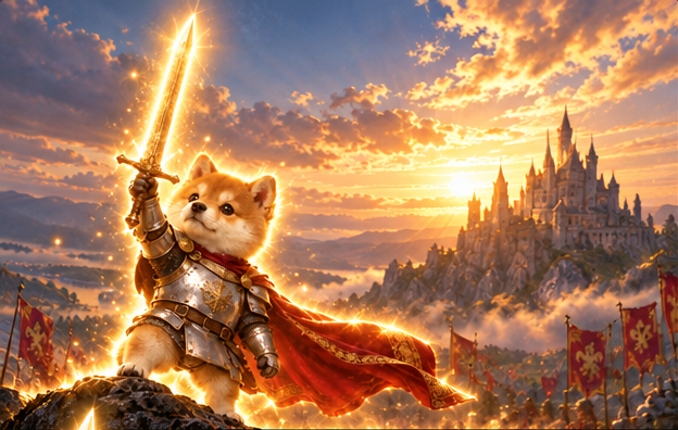 A Shiba in silver armor and a red cape raises a glowing sword before a castle at sunrise