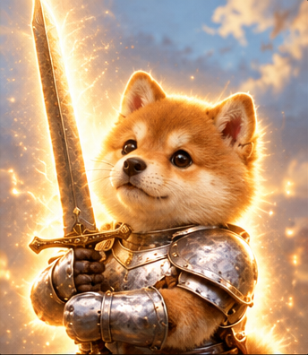 Close portrait of Sword Inu in plate armor, both paws on a glowing sword