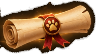 A parchment scroll tied with a red ribbon and a paw seal