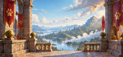 A stone terrace with red paw banners looking over a river toward distant mountains